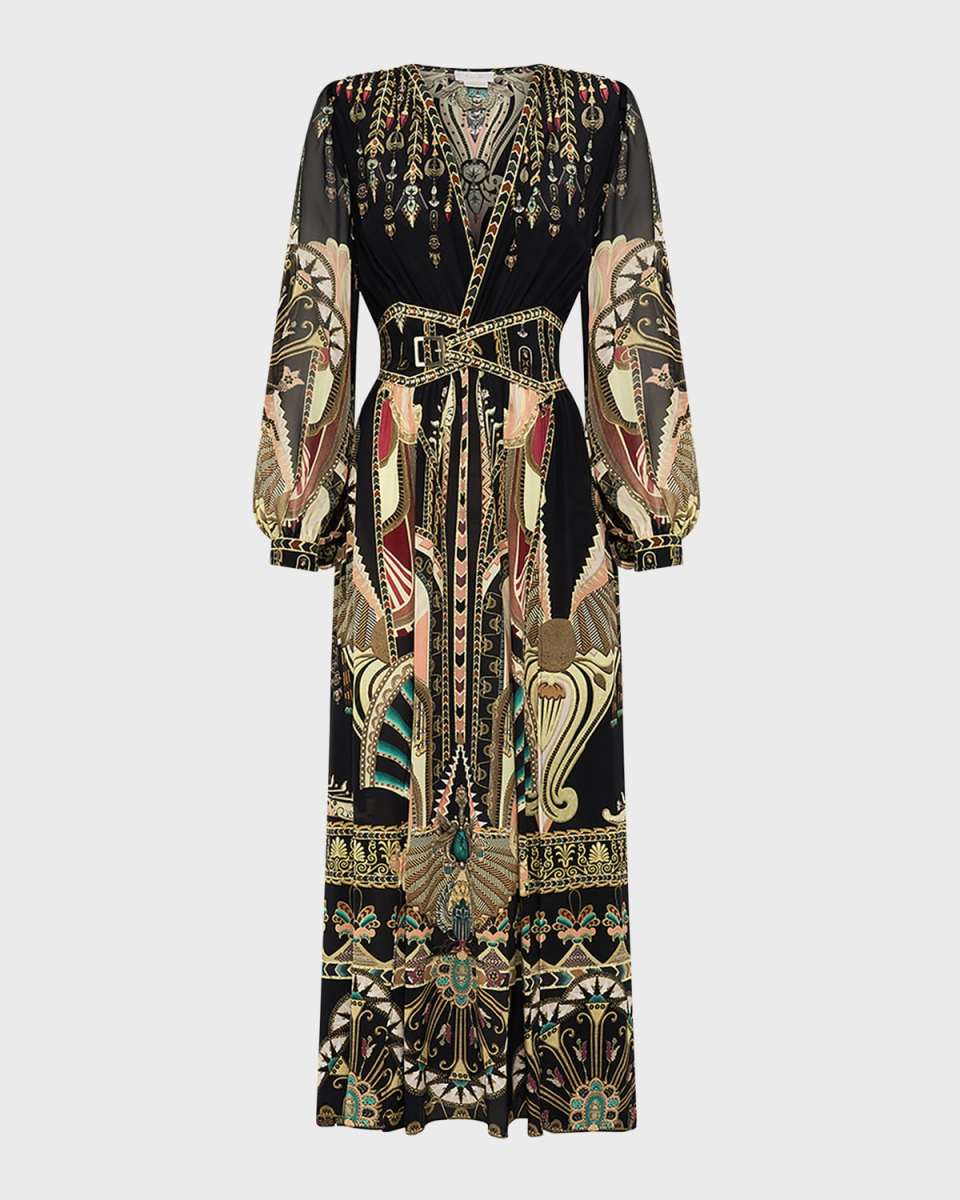 Blouson-Sleeve Peaked Waistband Long Silk Dress