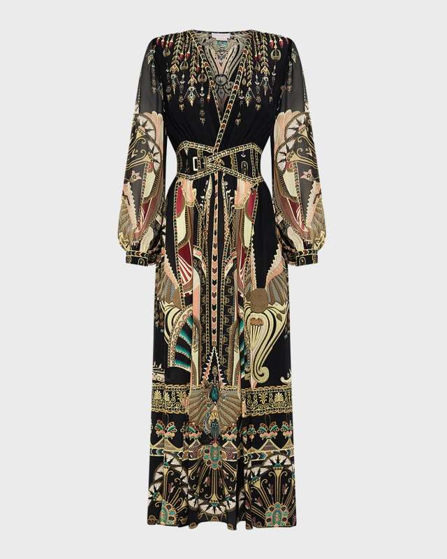 Blouson-Sleeve Peaked Waistband Long Silk Dress