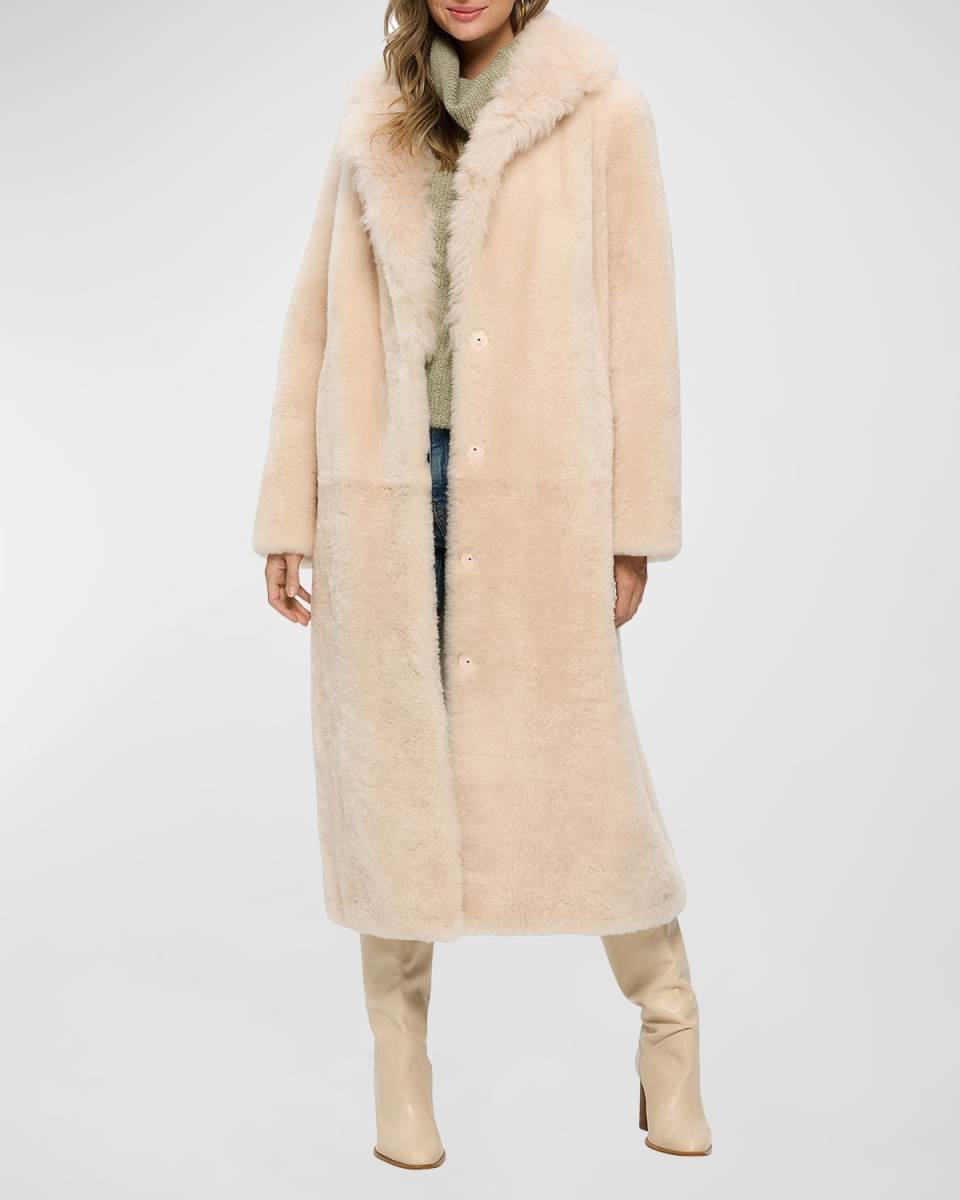 Sheared Cashmere Goat Fur Long Coat With Long-Hair Cashmere Goat Fur Collar