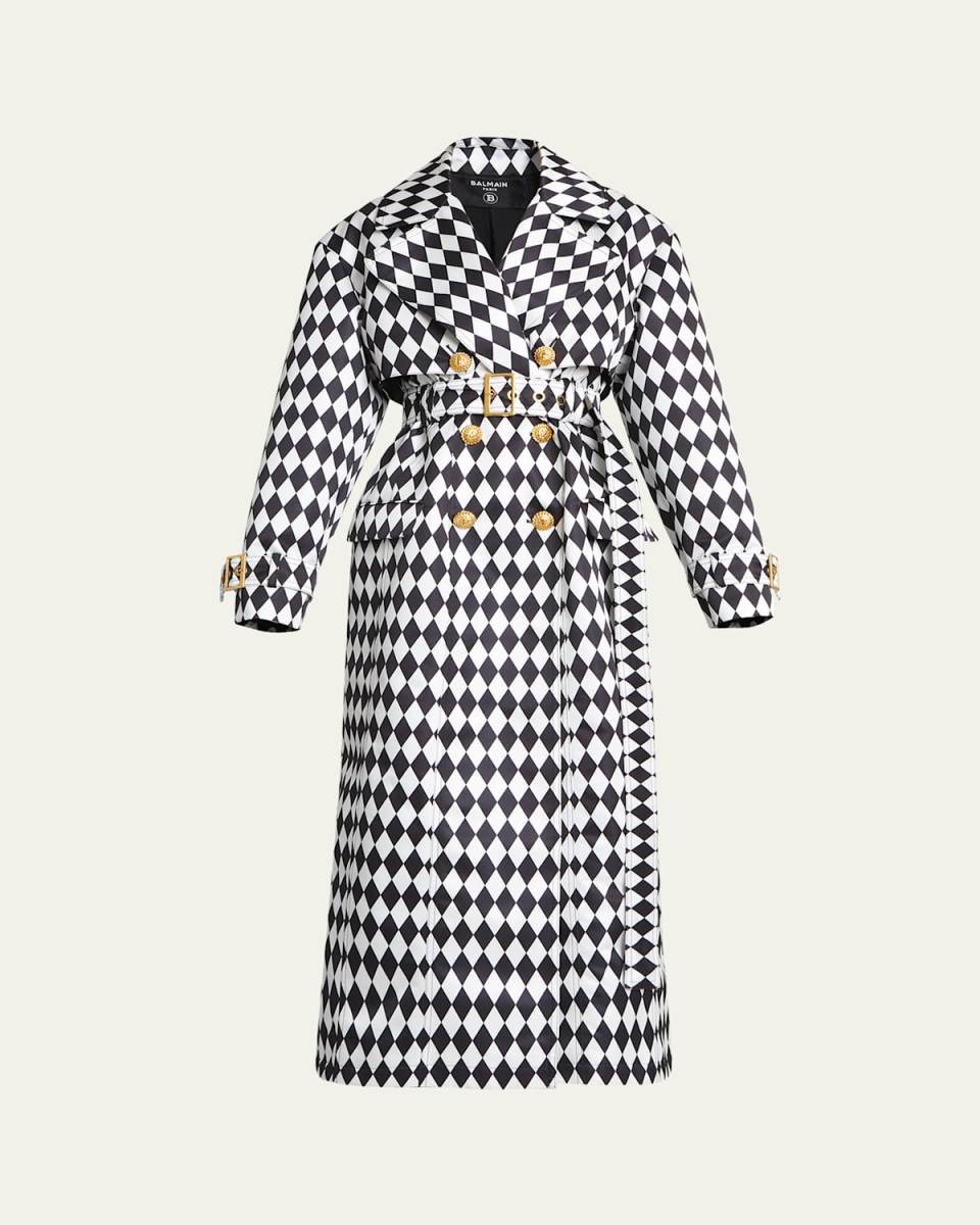 Diamond Print Belted Trench Coat with Gold-Tone Buttons