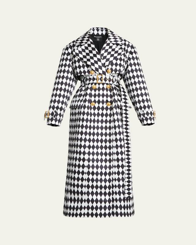 Diamond Print Belted Trench Coat with Gold-Tone Buttons