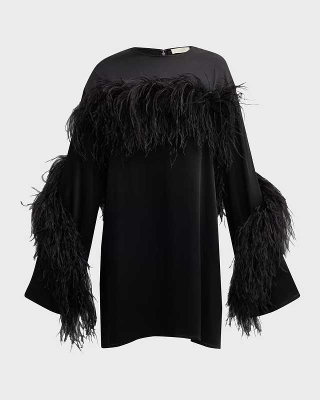 Spiral Feather-Trim Satin Mini Shift Dress