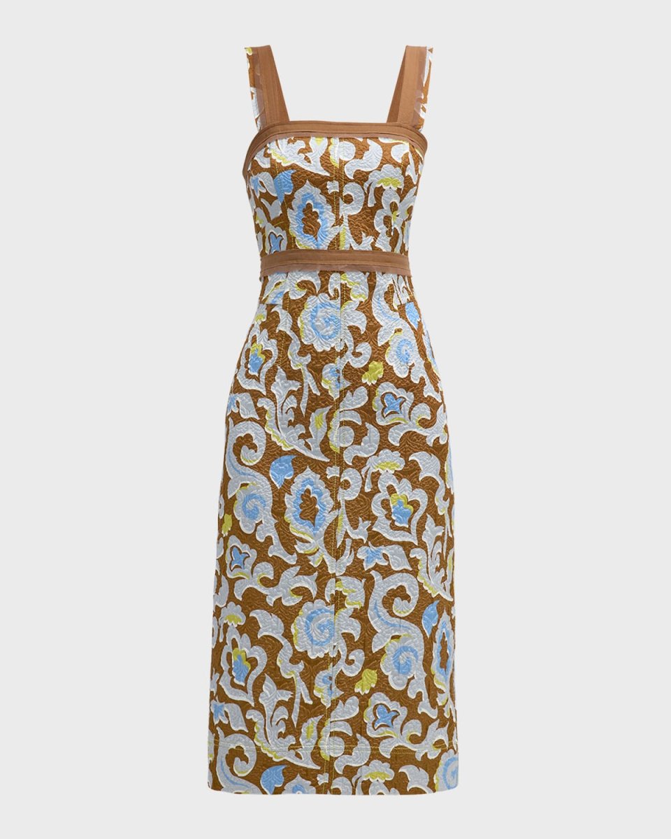 Western Paisley-Print Cloque Jacquard Midi Sheath Dress