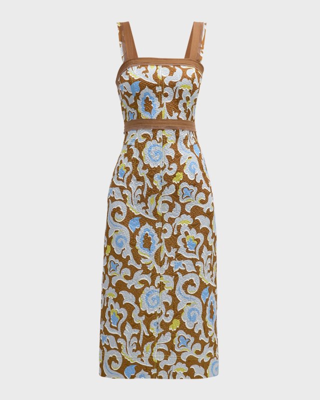 Western Paisley-Print Cloque Jacquard Midi Sheath Dress