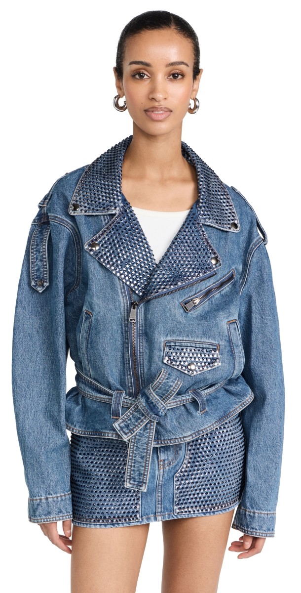 Area Crystal Embellished Moto Jacket Medium Indigo