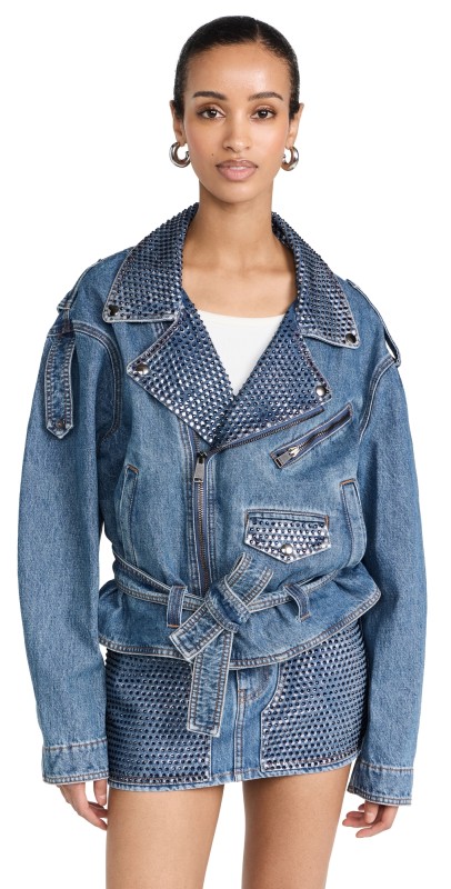 Area Crystal Embellished Moto Jacket Medium Indigo