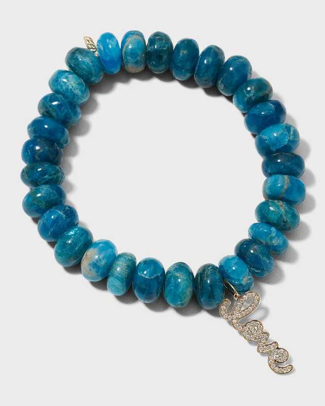 10mm Blue Apatite Smooth Rondelle Bracelet with Mini Pave Love Charm
