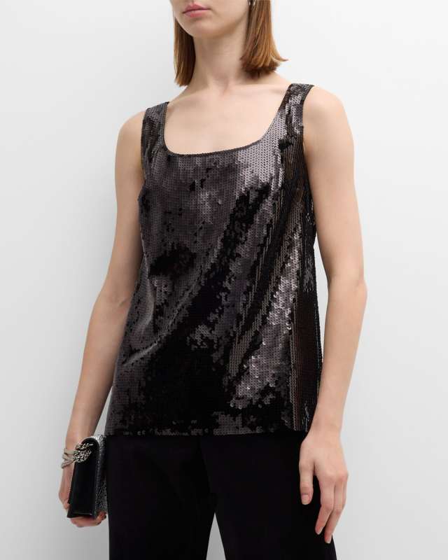 Gillian Sleeveless Scoop-Neck Sequin Blouse
