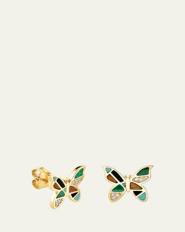 14K Yellow Gold Gemstone and Diamond Mosaic Butterfly Stud Earrings