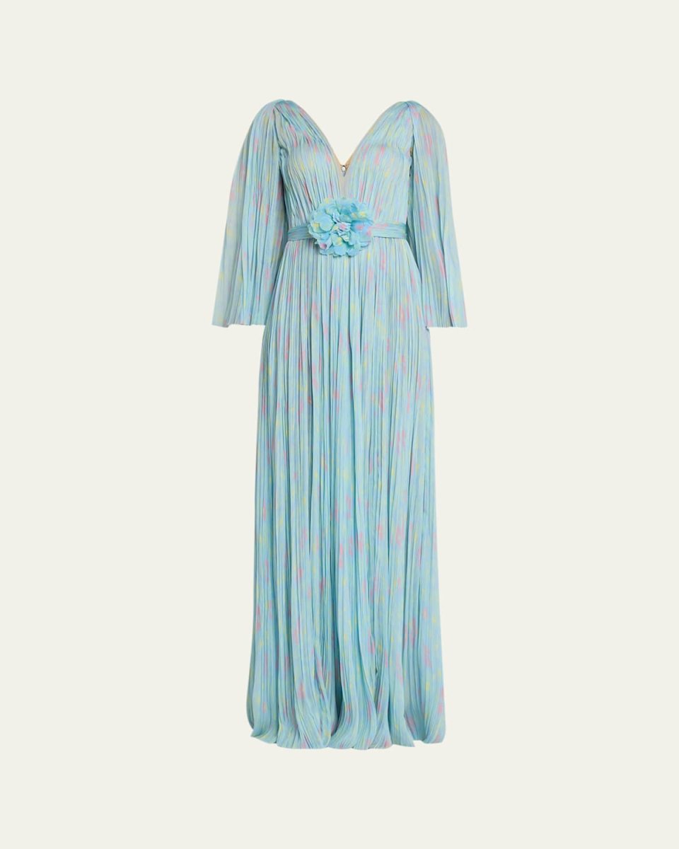 Flower-Printed Chiffon V-Neck Gown
