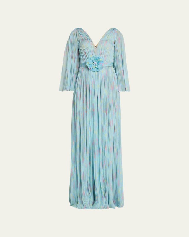 Flower-Printed Chiffon V-Neck Gown