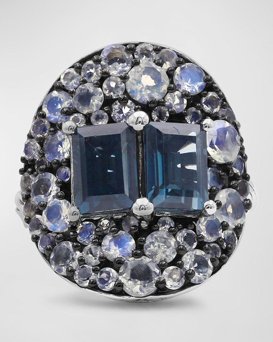 London Blue Topaz and Rainbow White Moonstone Ring
