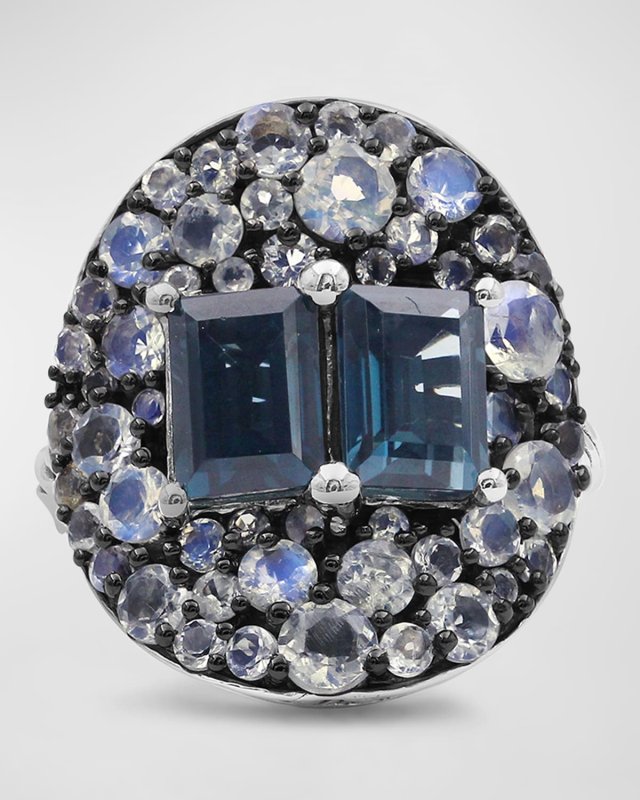 London Blue Topaz and Rainbow White Moonstone Ring