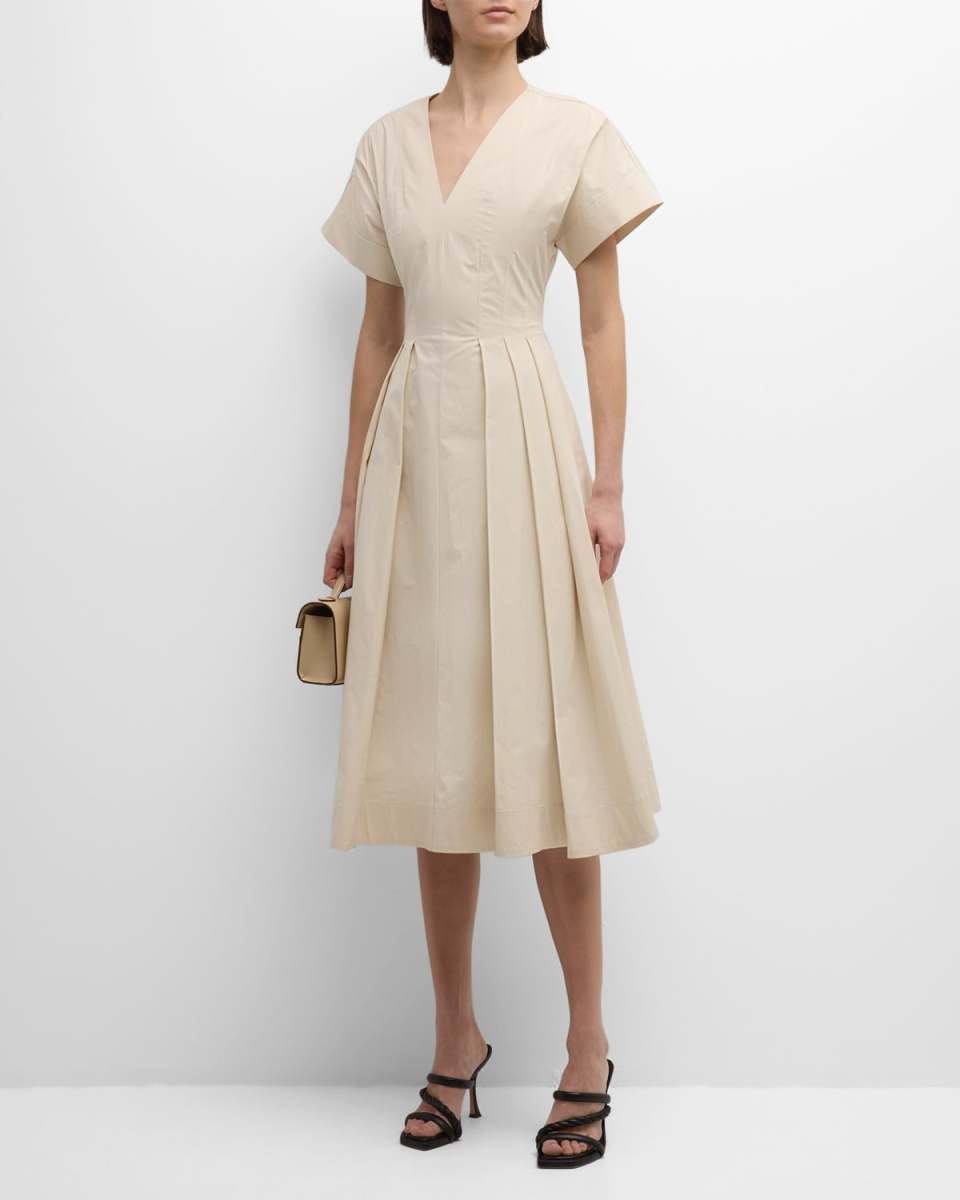 Pleated A-Line Cotton Taffeta Midi Dress