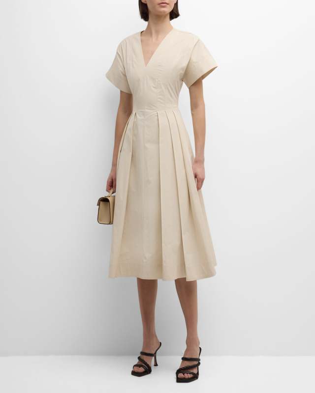 Pleated A-Line Cotton Taffeta Midi Dress