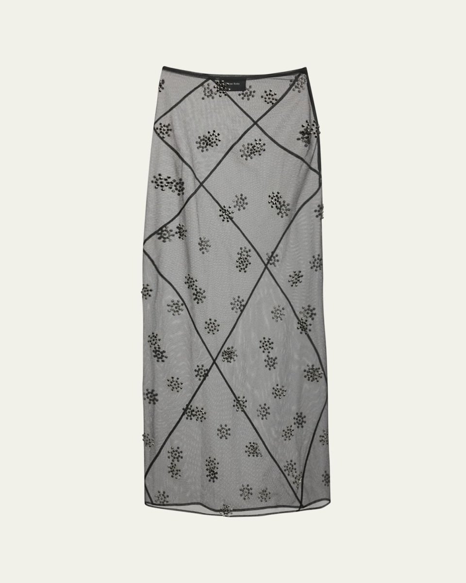 Sheer Spiral Midi Skirt with Beaded Embellishments