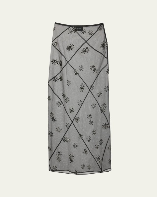 Sheer Spiral Midi Skirt with Beaded Embellishments