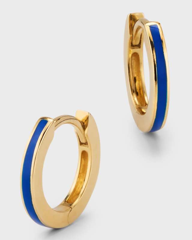 14K Yellow Gold Navy Blue Enamel Huggie Earrings
