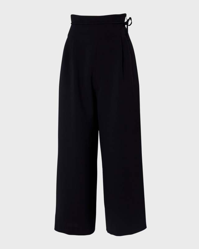 High-Rise Pleated Wide-Leg Crop Pants With Waist Tie