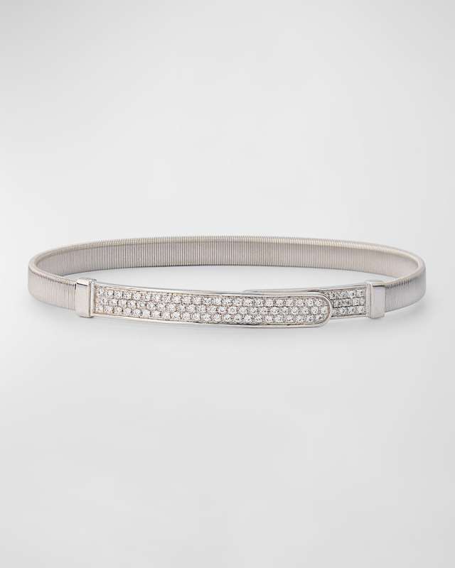 18K White Gold Coil and Pavé Diamond Thin Bangle Bracelet