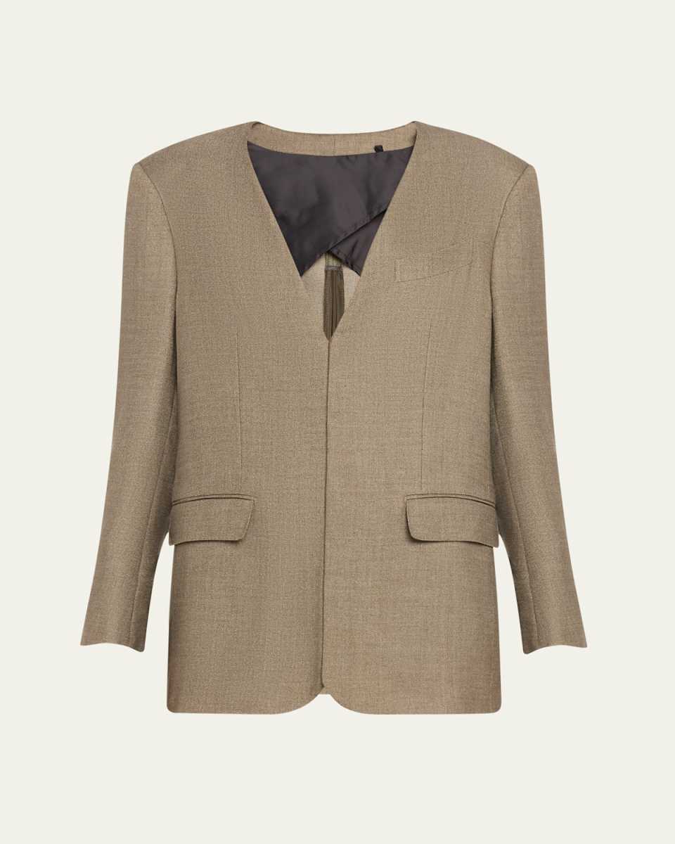 Deep V Neck Back Zip Wool Jacket