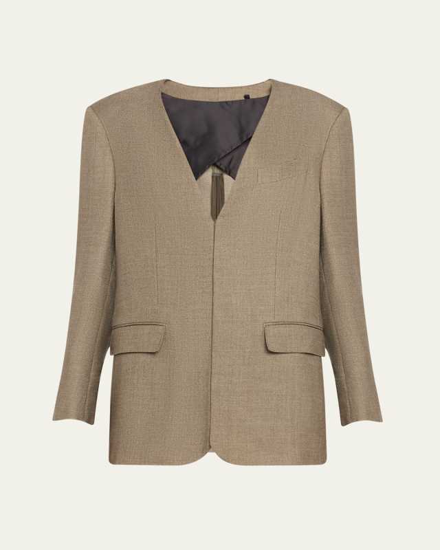 Deep V Neck Back Zip Wool Jacket