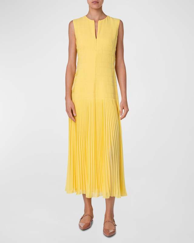 Pleated Zip-Front Midi Georgette Dress