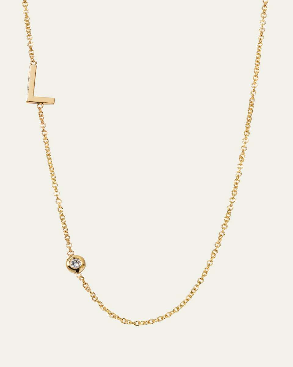 14K Gold Asymmetrical Initial and Bezel Diamond Necklace, 16-18"