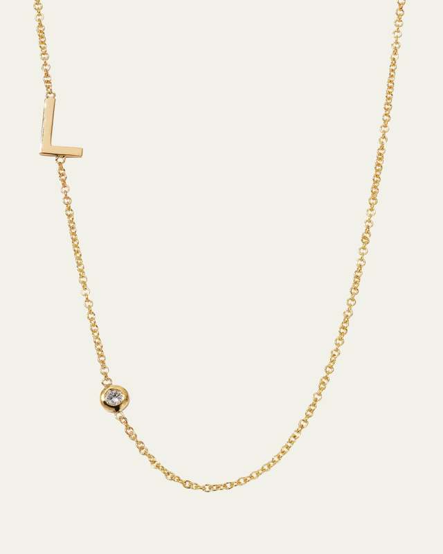 14K Gold Asymmetrical Initial and Bezel Diamond Necklace, 16-18"
