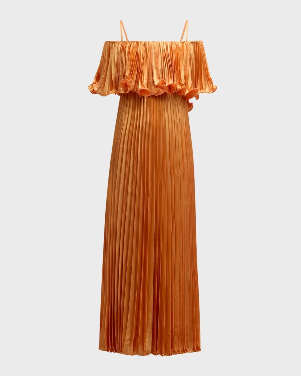 Nikita Pleated Cold-Shoulder Metallic Gown