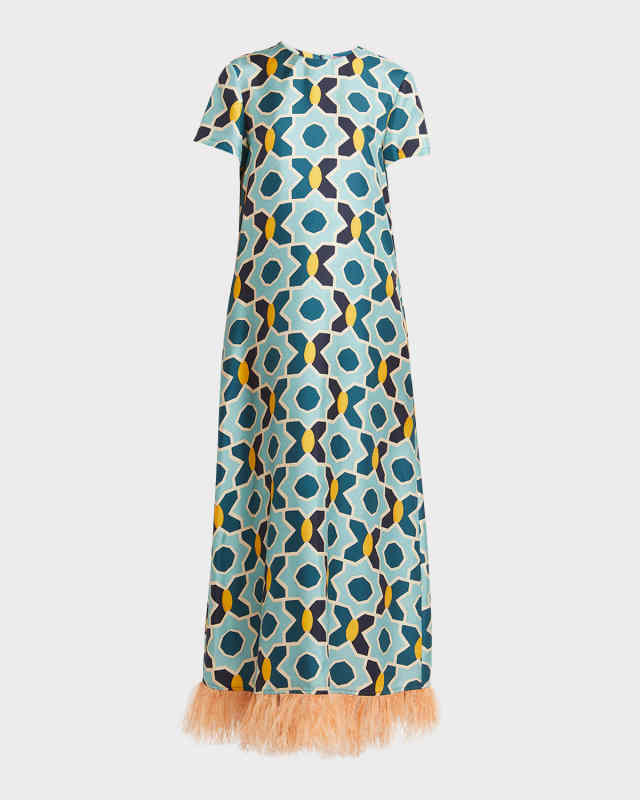 Abstract-Print Short-Sleeve Feather-Trim Maxi Swing Dress