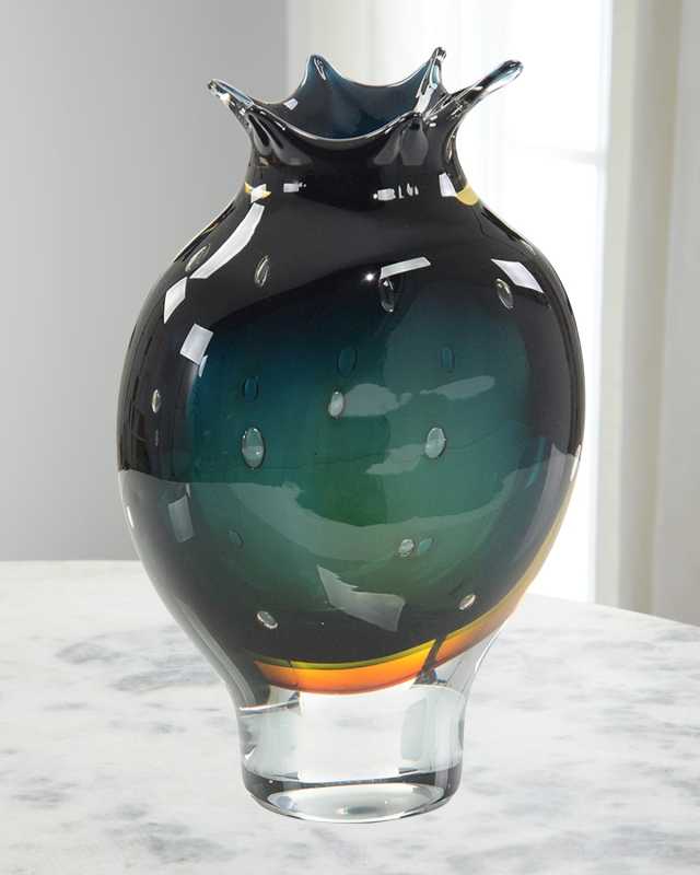 Hand-Blown Dark Blue and Amber Vase