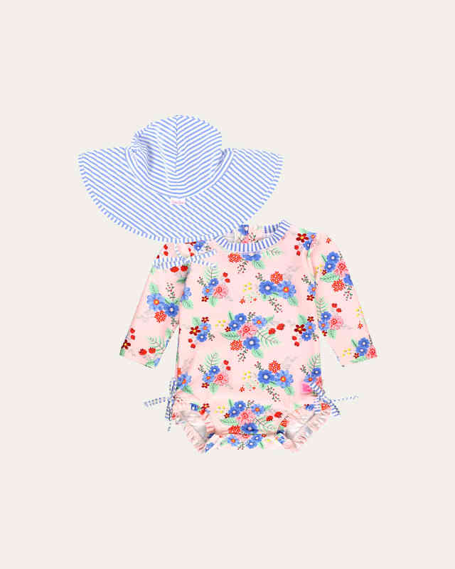 Girl's Coastal Breeze Rashguard One-Piece Swimsuit and Hat Set, Size 0M-2T