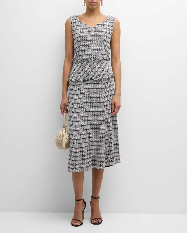 Sleeveless Fringe-Trim Check Tweed Midi Dress