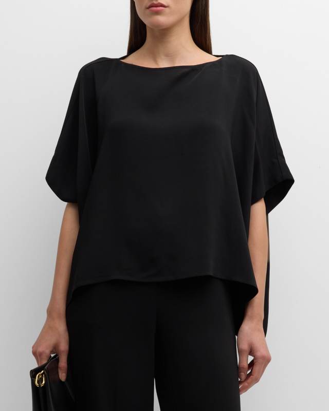 High-Low Boat-Neck Crepe Blouse