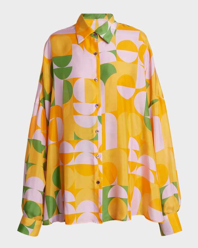Casia Abstract-Print Oversized Silk Collared Shirt