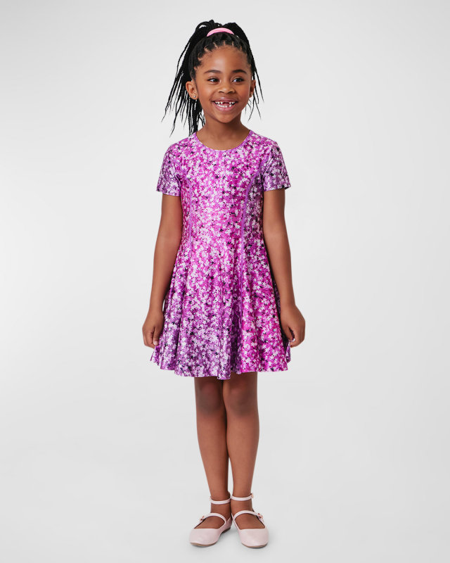 Girl's Star Confetti Hi-Shine Cap-Sleeve Mini Skater Dress, Size 2T-12