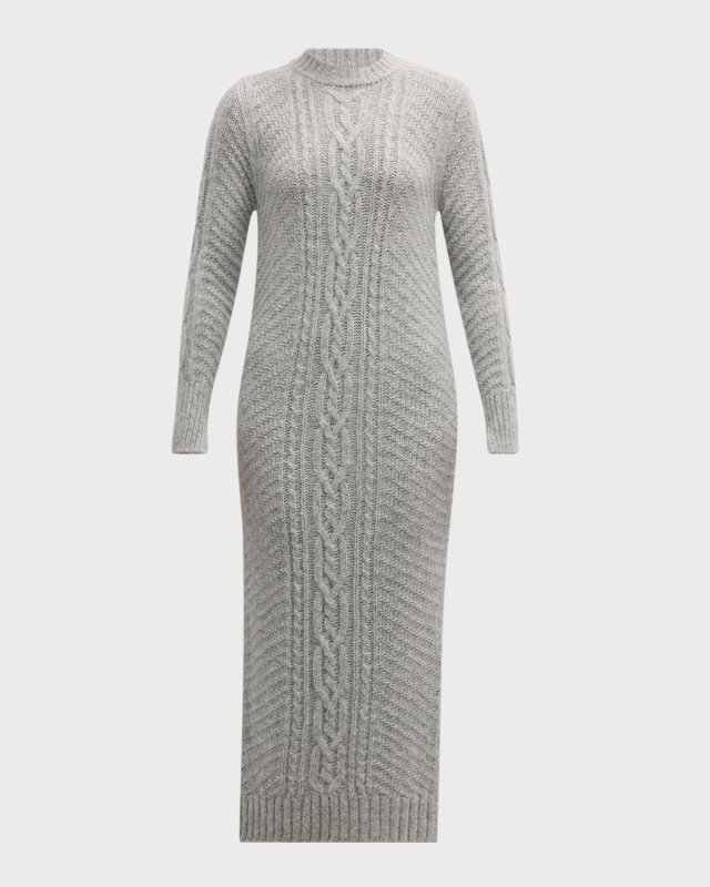 Lora Cable-Knit Split-Cuff Midi Sweater Dress