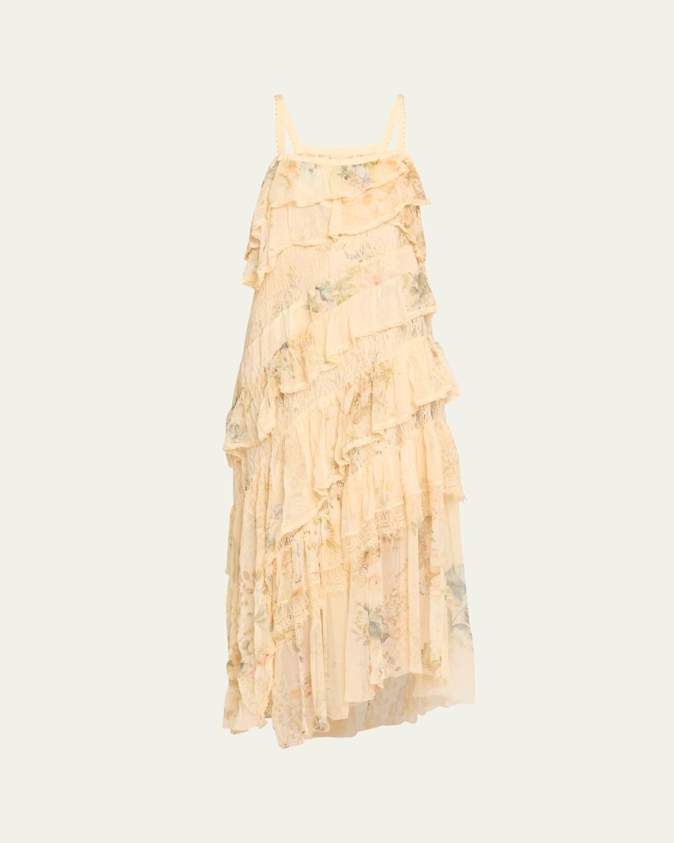 Asymmetric Spliced Lace Silk Maxi Dress