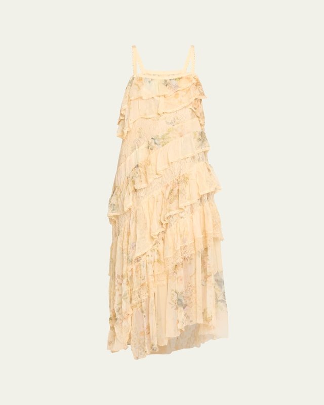 Asymmetric Spliced Lace Silk Maxi Dress