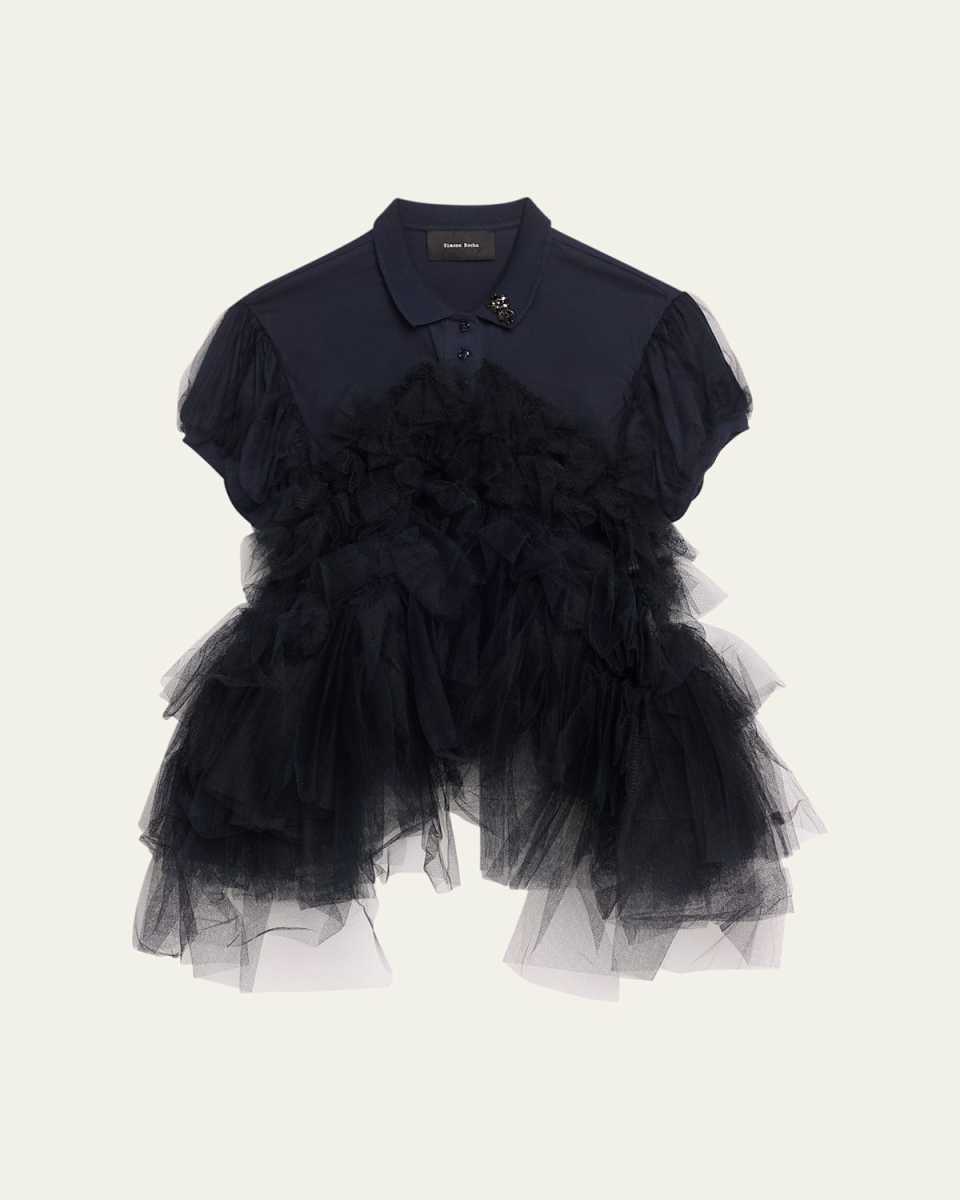 Puff-Sleeve Tulle Frill Crystal Polo Shirt