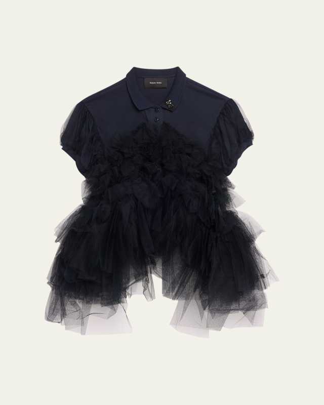 Puff-Sleeve Tulle Frill Crystal Polo Shirt