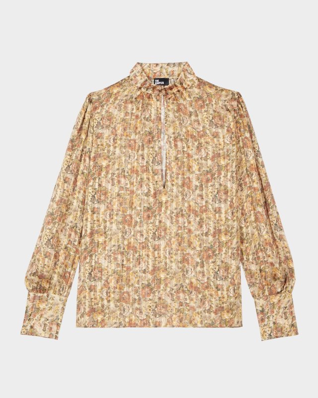 High-Neck Floral Silk Top