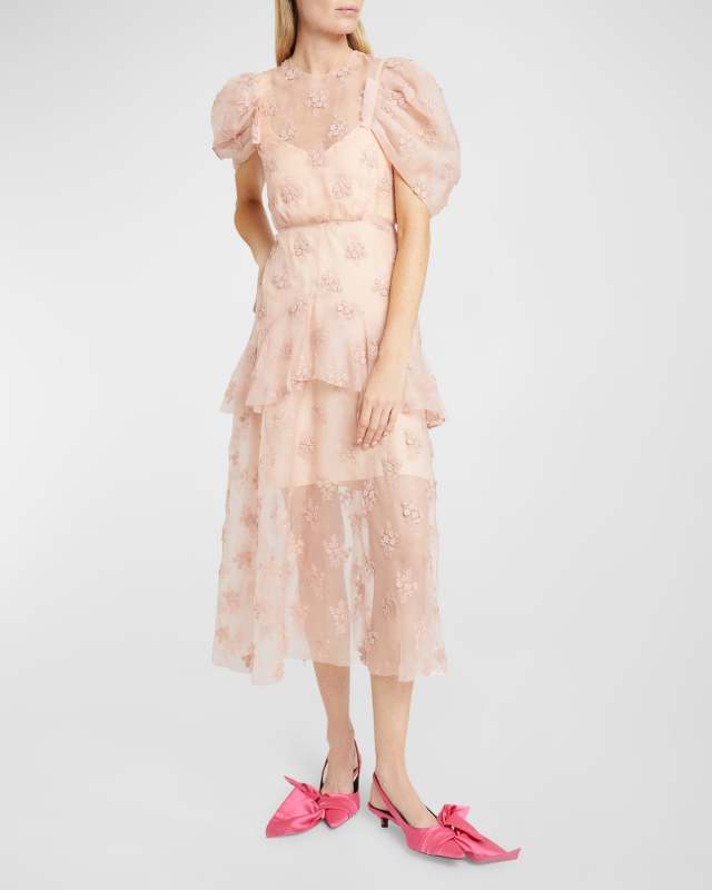 Sheer Peplum Midi Dress with Floral Embroidery