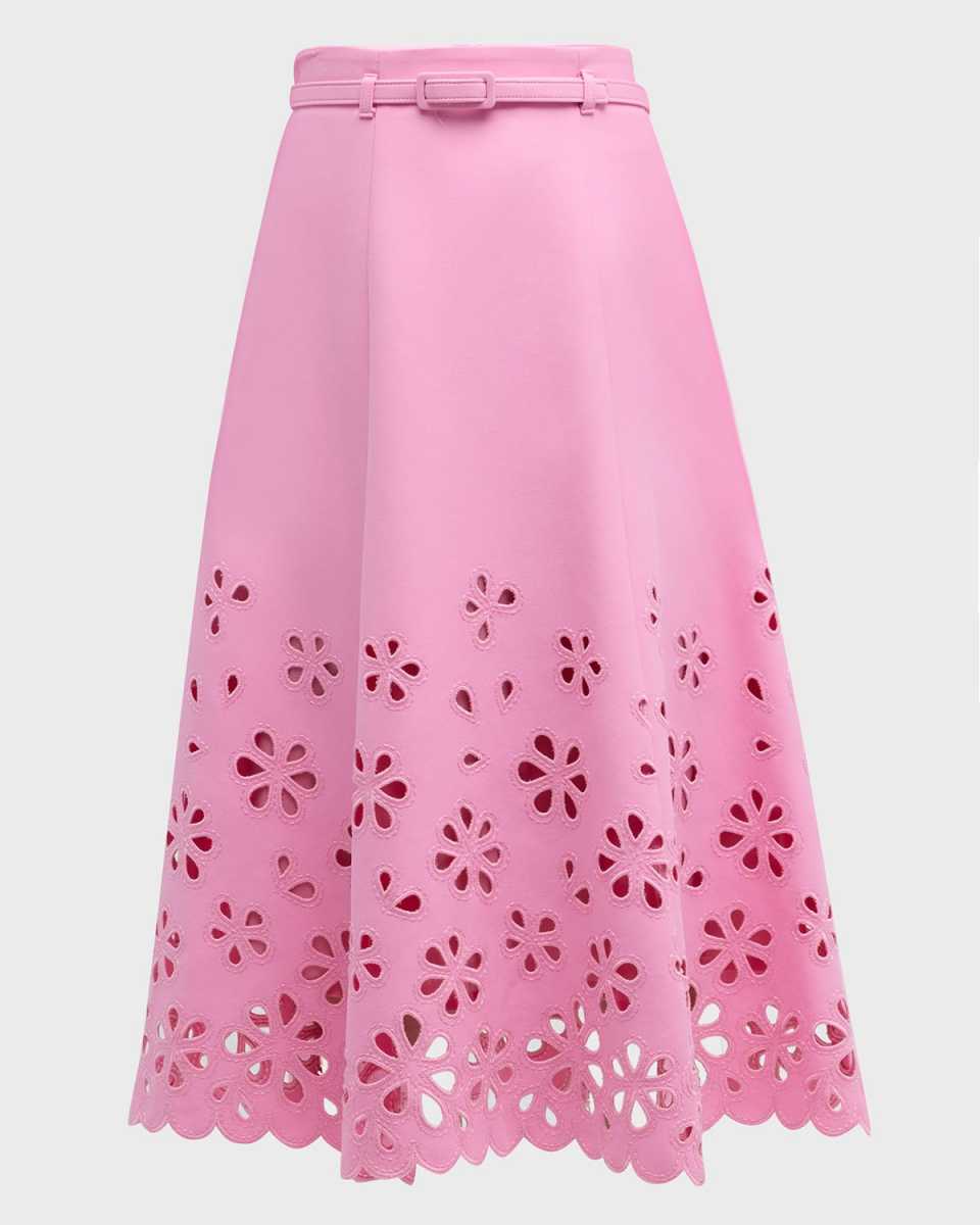 Floral-Cutout Belted A-Line Midi Skirt