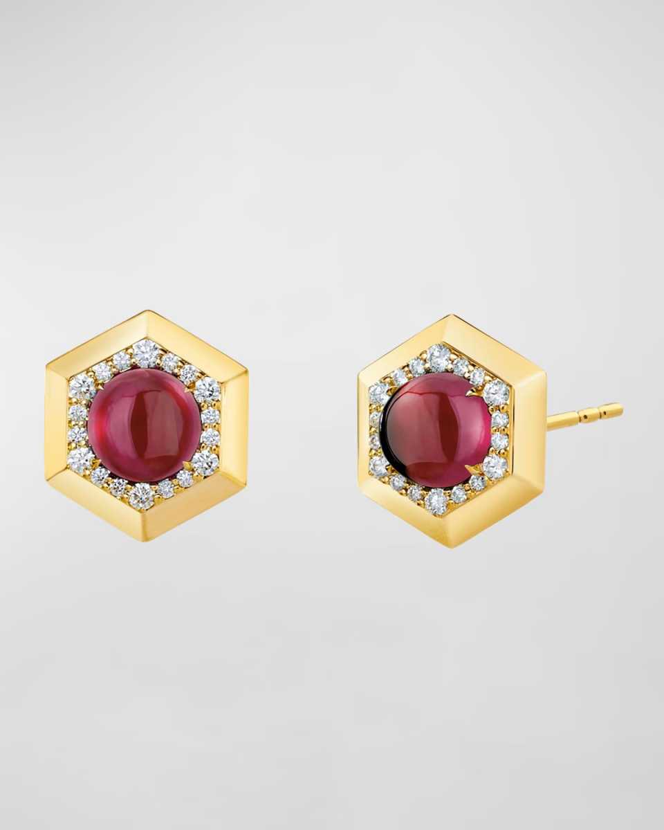 18K Yellow Gold Hex Gemstone Stud Earrings with Diamonds