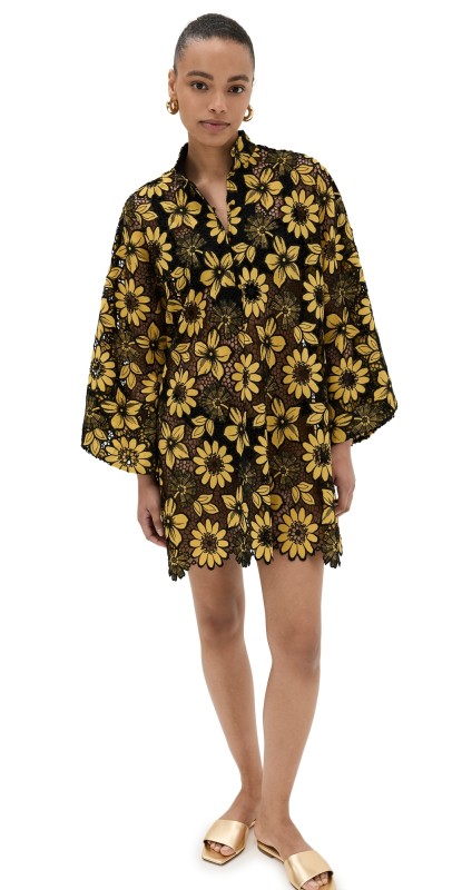 La Vie Style House Sunflower Open Lace Mini Caftan Yellow