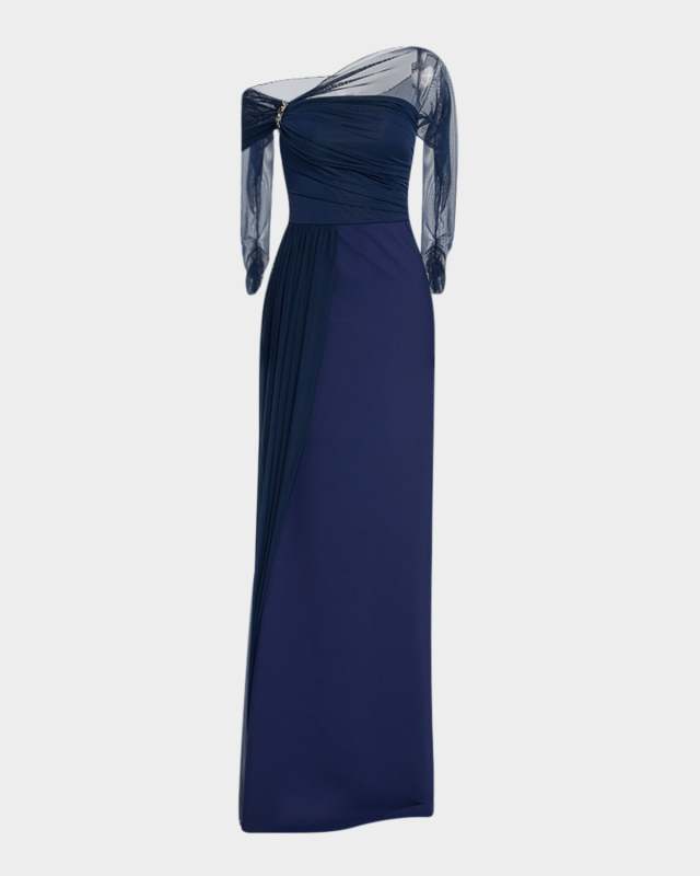 One-Shoulder Draped Illusion Gown