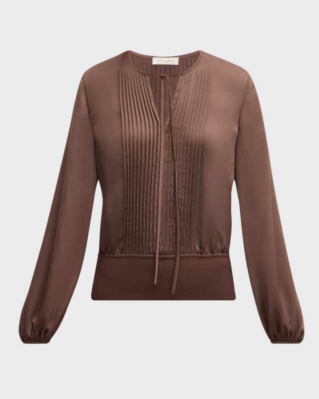 Pintuck Blouson-Sleeve Satin Blous