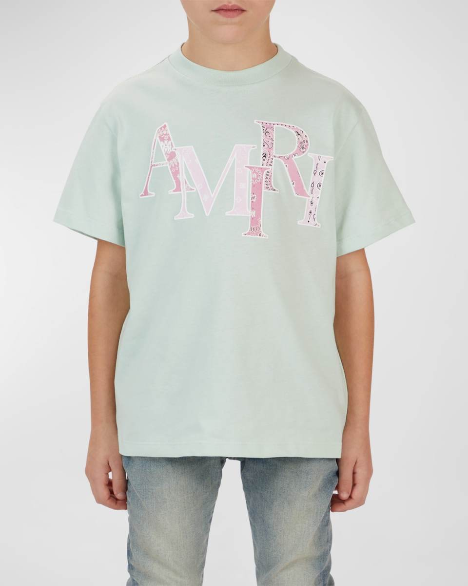 Boy's Bandana-Print Staggered Logo-Print T-Shirt, Size 4-12